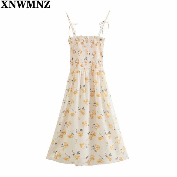 

xnwmnz dresses for women chic yellow floral print adjust spaghetti straps tank vestidos vintage tube midi dress 210513, Black;gray