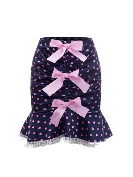

heart print bow front mermaid hem skirt g1ht#, Black