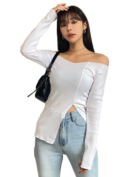 

dazy split hem off the shoulder tee o0wo#, White