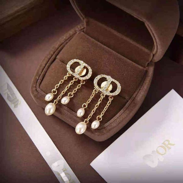 

new letter earrings tassel pearl double layer chain brass jewelry sale, Golden