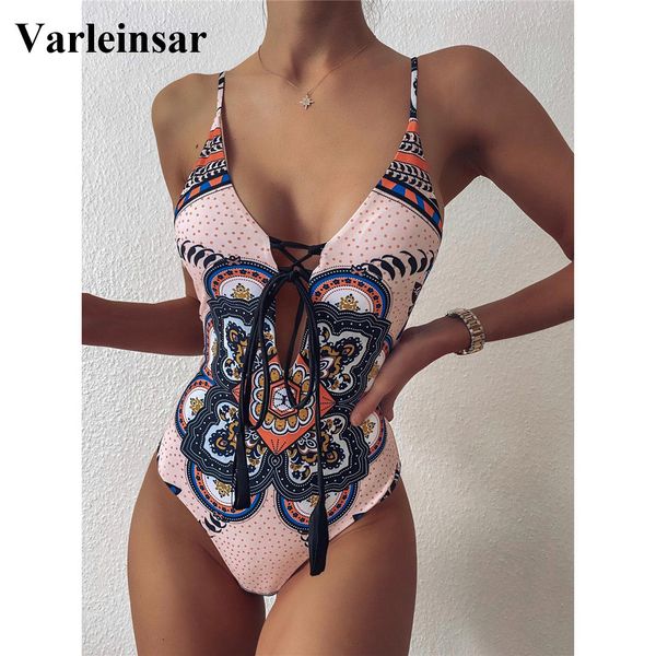 

2022 new lace up monokini women swimwear one piece swimsuit female printed high cut bather bathing suit swim lady v2506, White;black
