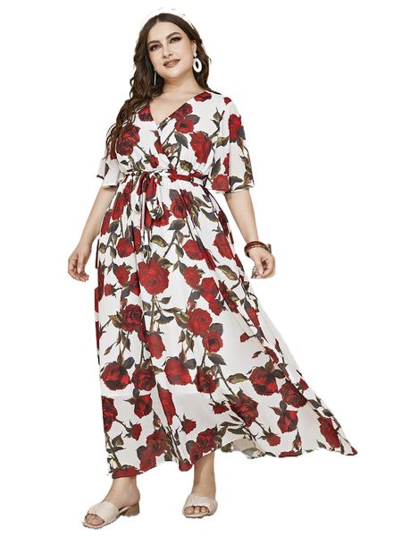 

plus floral print surplice neck belted dress l3um#, Black