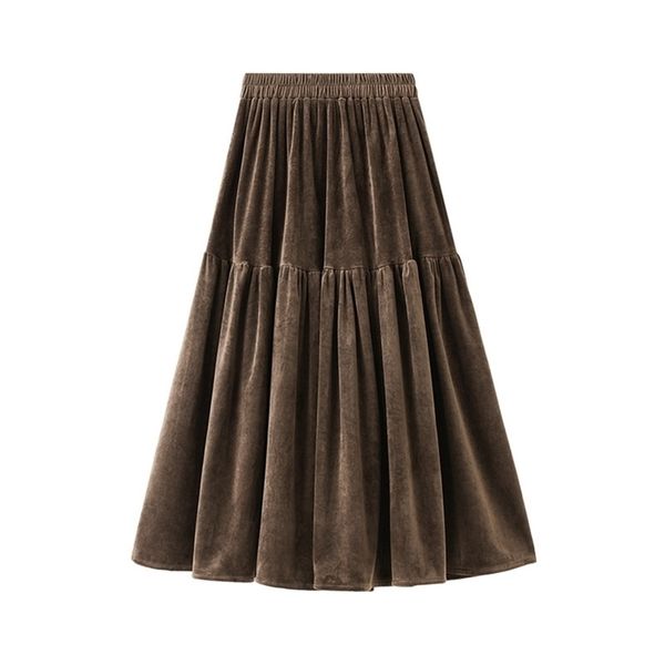 

winter skirt women corduroy skirt preppy style school elastic waist a line puffy long black faldas korean bottom clothes 210306