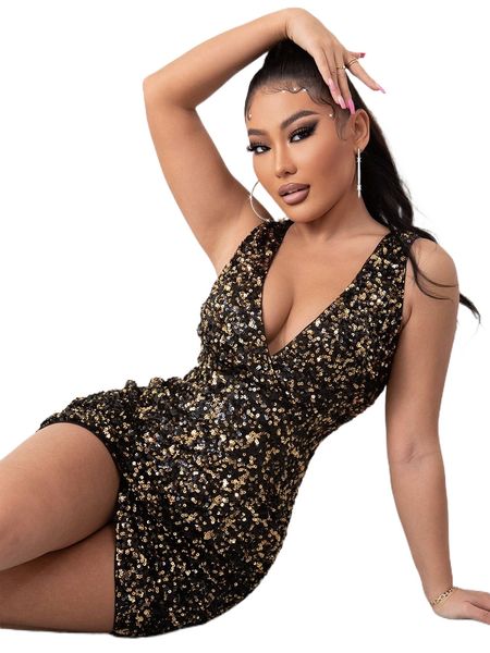 

joyfunear surplice neck wrap sequin bodycon dress 110q#, Black;gray