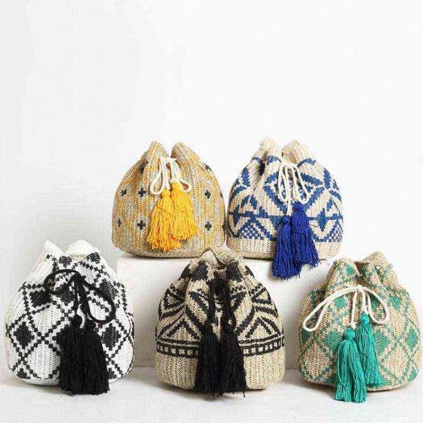 

national tassel straw bucket bag bohemian geometry women shoulder bags handmade woven crossbody bag summer beach big tote purses g220429