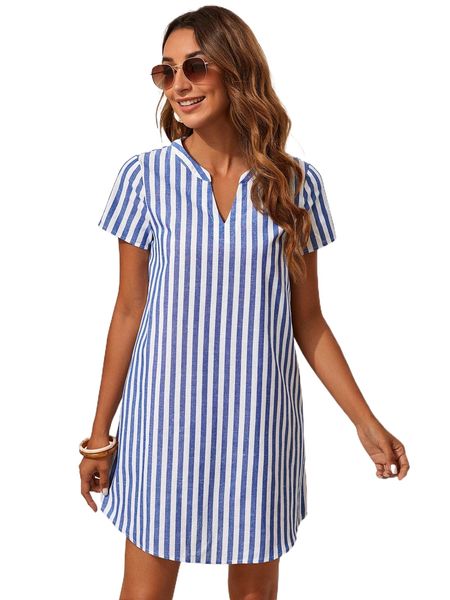 

vertical striped notched neck tunic dress u5au#, Black;gray