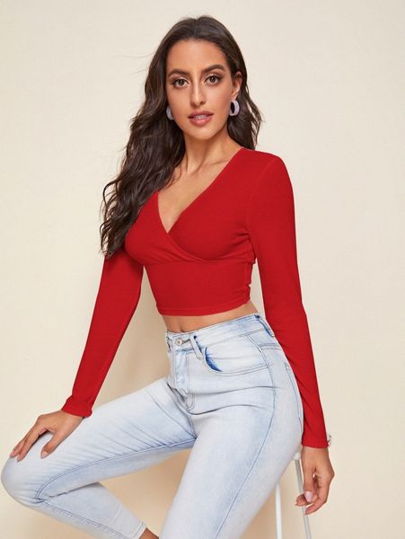 

surplice neck form fitted crop tee n4gc#, White