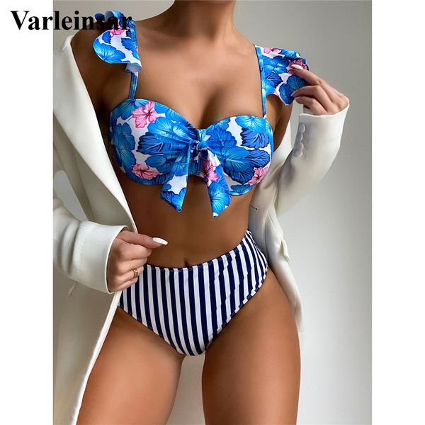 

new floral striped high waist bikini push up swimsuit female swimwear women two-pieces bikini set bather bathing suit swim v3241, White;black