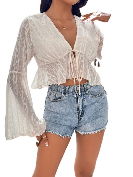 

petite flounce sleeve knot front peplum blouse m5n5#, White