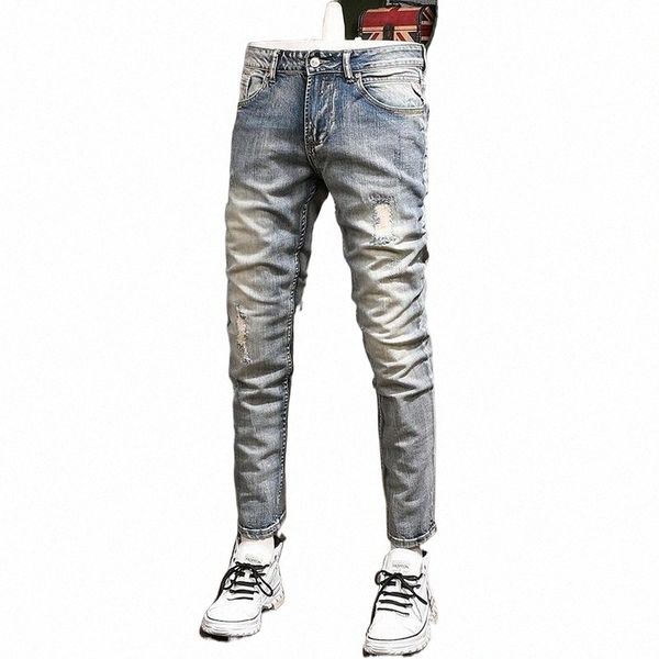 

men's jeans european casual fashion men elastic slim fit ripped patchwork vintage designer cotton denim pants h5se#, Blue
