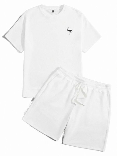 

extended sizes men flamingo embroidered tee & drawstring waist shorts x8pa#, Gray