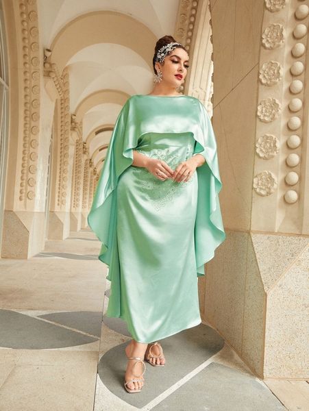 

plus rhinestone painting cloak sleeve satin dress a6e8#, Black