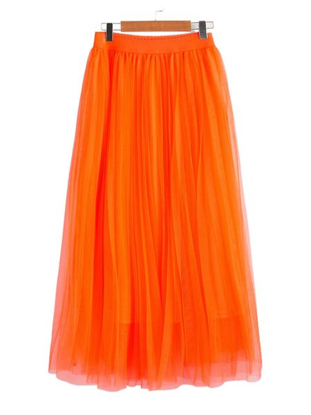 

neon orange wide waist pleated mesh skirt i56a#, Black