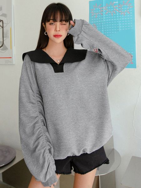 

dazy contrast sailor collar drop shoulder drawstring sweatshirt w9kv#, Black