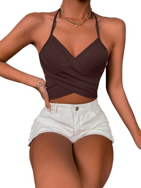 

wrap cross tied backless rib-knit halter j51a#, White