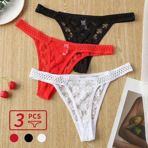 

3pcs womens lingerie panties lace breathable solid color intimates low waist thong underwear female briefs, Black;pink