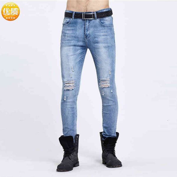 

men's jeans young men's micro elastic jeans cut knee with knife to destroy slim leggings sflv, Blue