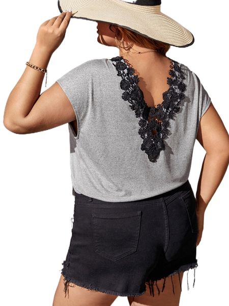 

plus guipure lace panel batwing sleeve tee e4hl#, Black