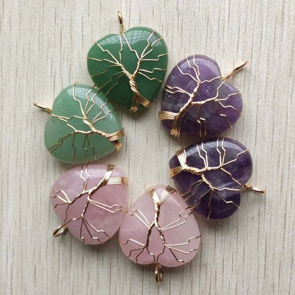 

natural amethyst stone charms tree of life golden wire wrapped love heart healing pendants for jewelry marking wholesale, Bronze;silver