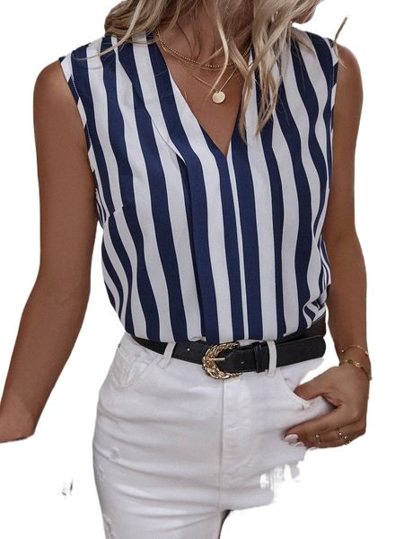 

striped print sleeveless blouse a5vx#, White