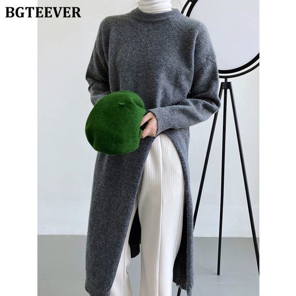 

chic ladies side split knitted pullovers winter thicken loose o-neck full sleeve long women sweaters jumpers spring, White;black