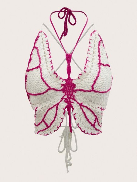 

colorblock crochet tie back knit 62bh#, White;black