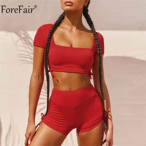 

forefair 2020 two piece set summer square neck short sleeve crop and bandage biker shorts sport women set tracksuit t200610, Gray