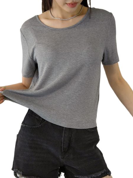 

dazy ribbed knit cut out back solid tee b5l2#, White