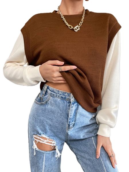 

colorblock round neck sweatshirt 23qm#, Black