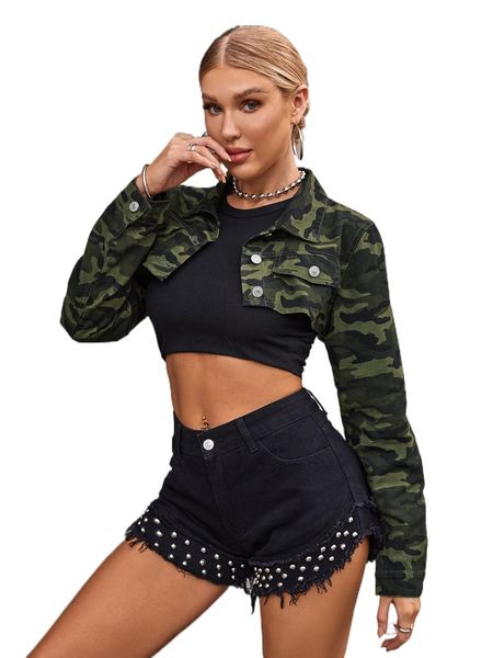 

camo print crop denim jacket g6cw#, Black;brown