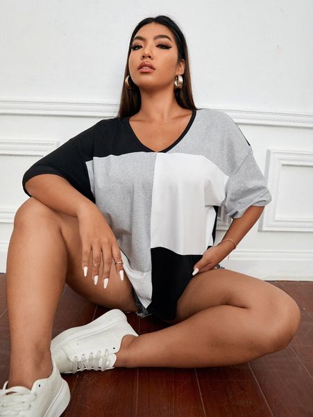 

plus color block drop shoulder tee t8s3#, Black