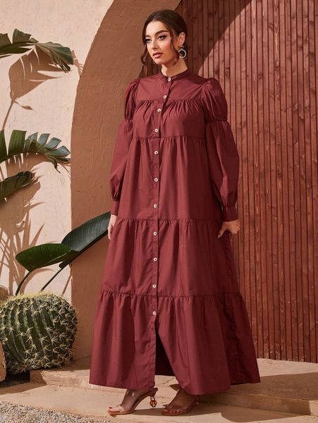 

gathered sleeve button front shirt dress a29f#, Black;gray