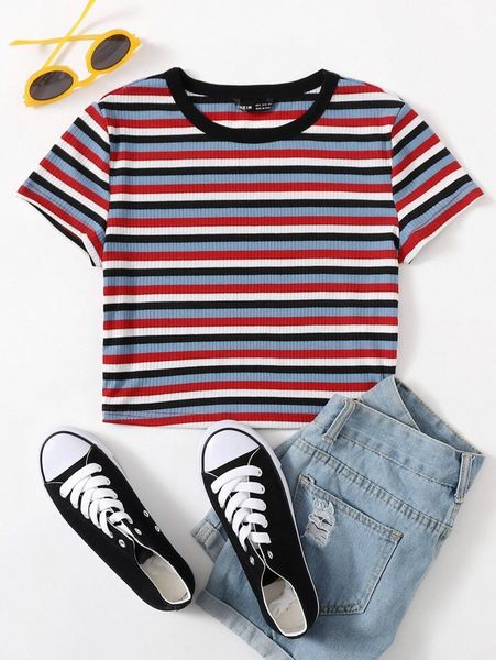 

contrast collar striped rib-knit r95q#, White