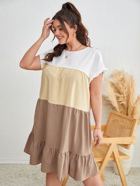 

plus color block batwing sleeve ruffle hem smock dress g4ck#, Black