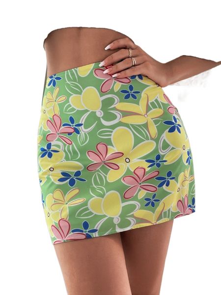 

allover floral print high waist skirt v2up#, Black