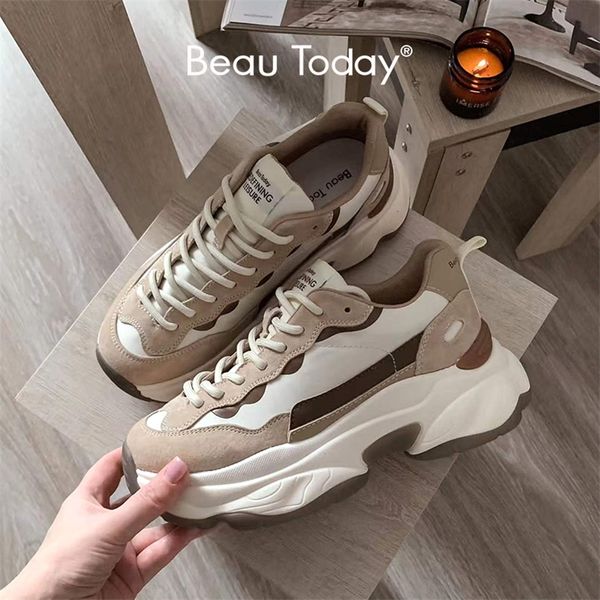 

beautoday platform sneakers women suede leather patchwork fabric round toe mixed color lace-up chunky sole ladies trainers 29430 220810, Black;white