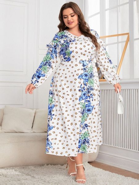 

plus floral and leopard print lantern sleeve ruffle detail dress c3yh#, Black