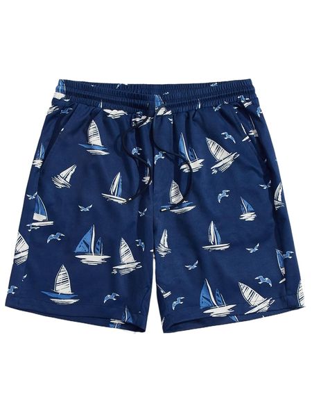 

men bird & sailboat print drawstring waist shorts b8x5#, White;black