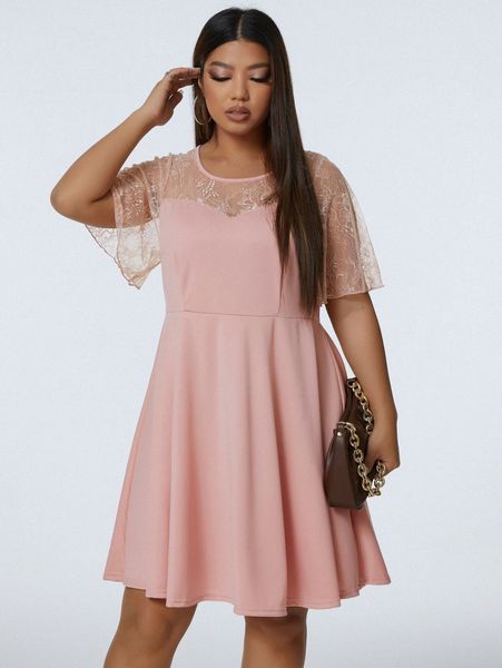 

plus contrast lace dress x5h9#, Black