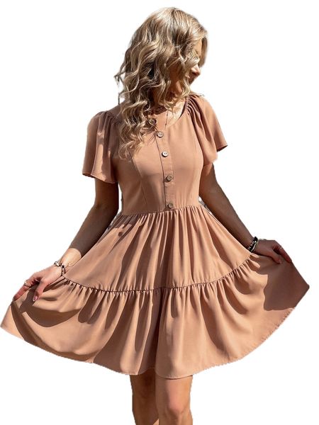 

fake buttons ruffle hem dress 77xm#, Black;gray