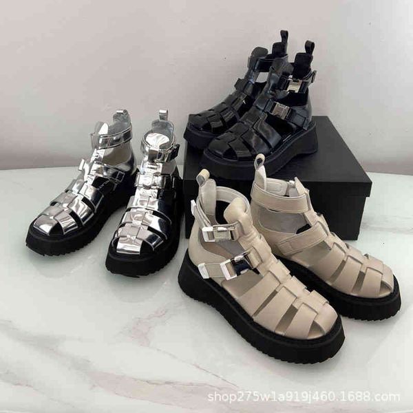 

sandals lacquer leather round head high women's sandals single boots muffin shoes spicy girl salt roman, Black