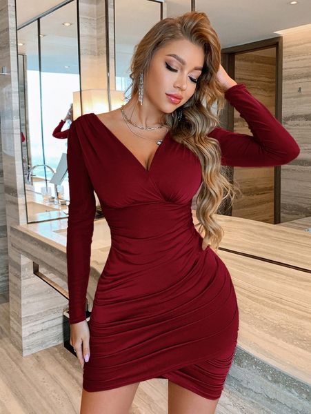 

sxy surplice front ruched bodycon mini dress b36v#, Black;gray