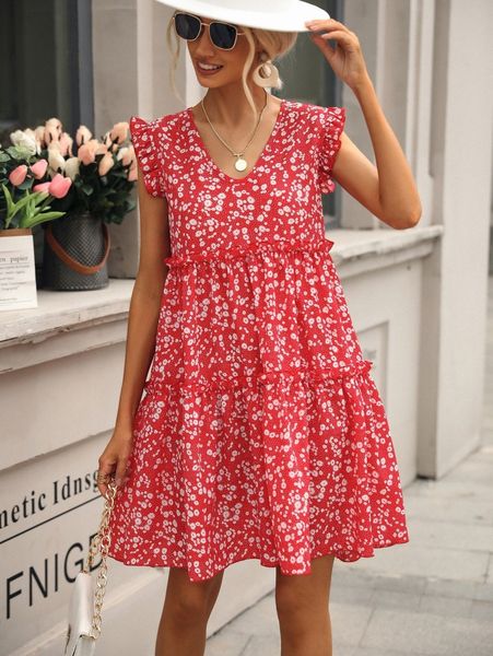 

ditsy floral print frill trim dress r0ba#, Black;gray