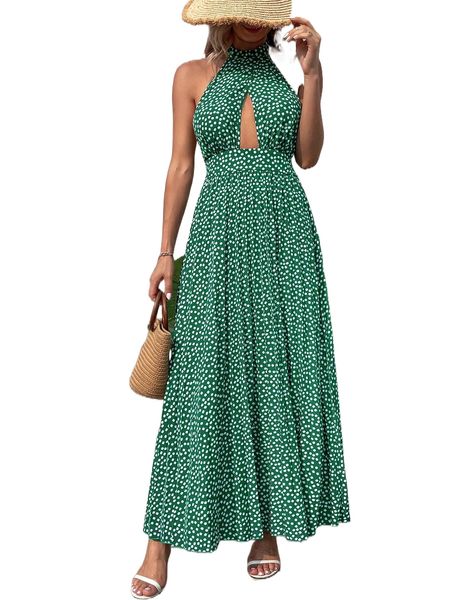 

ditsy floral print cut out tie backless maxi halter dress w171#, Black;gray