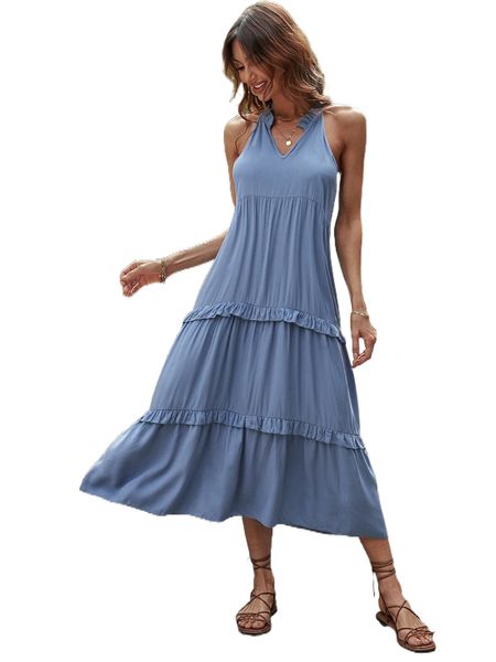 

frill trim halter neck ruffle trim dress w0ld#, Black;gray