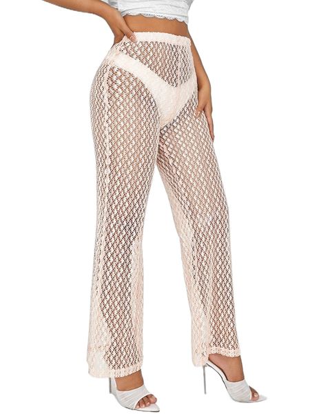 

elastic waist wide leg open knit sheer pants without panty q9wa#, Black;white