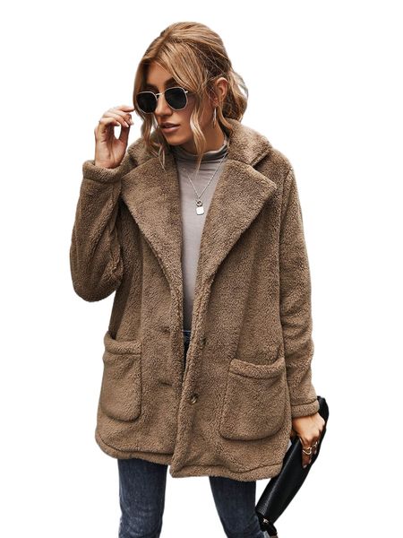 

lapel neck dual pocket teddy coat b3tp#, Black