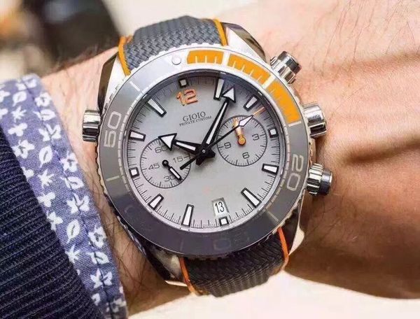 

men quartz chronograph watch ceramic canvas rubber black grey, Slivery;brown