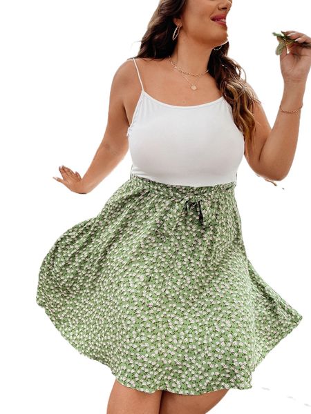 

plus ditsy floral print belted cami dress q6vr#, Black