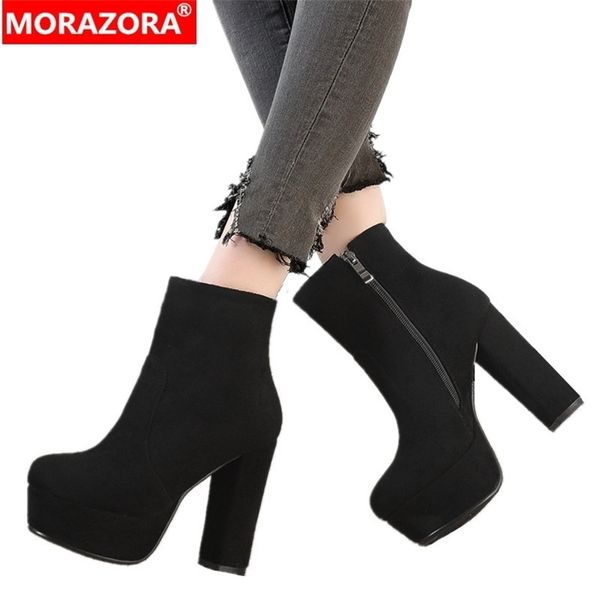 

morazora new faux suede boots women high heels platform ankle boots for women zipper autumn winter shoes female 201031, Black